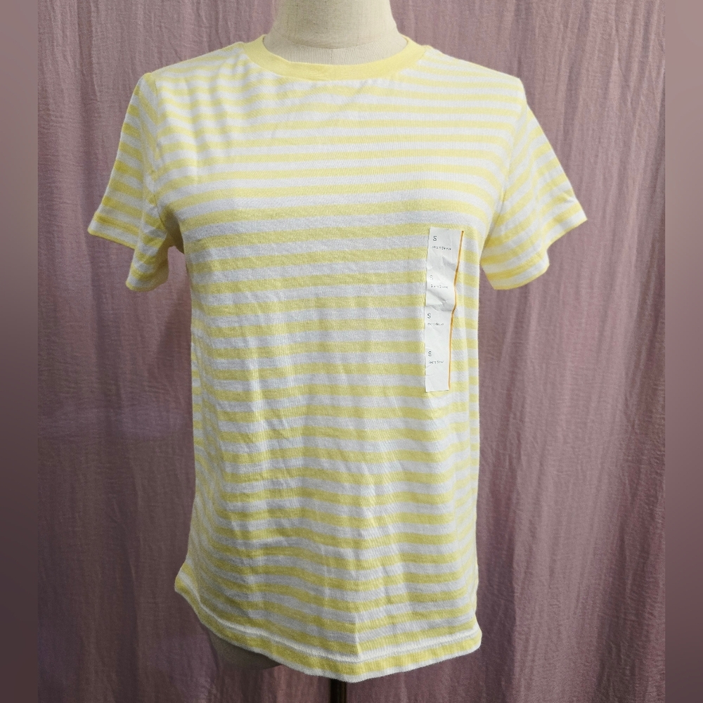 Wild Fable Women's 100% Cotton Striped Classic Fit T-Shirt- Yellow/White, SMALL